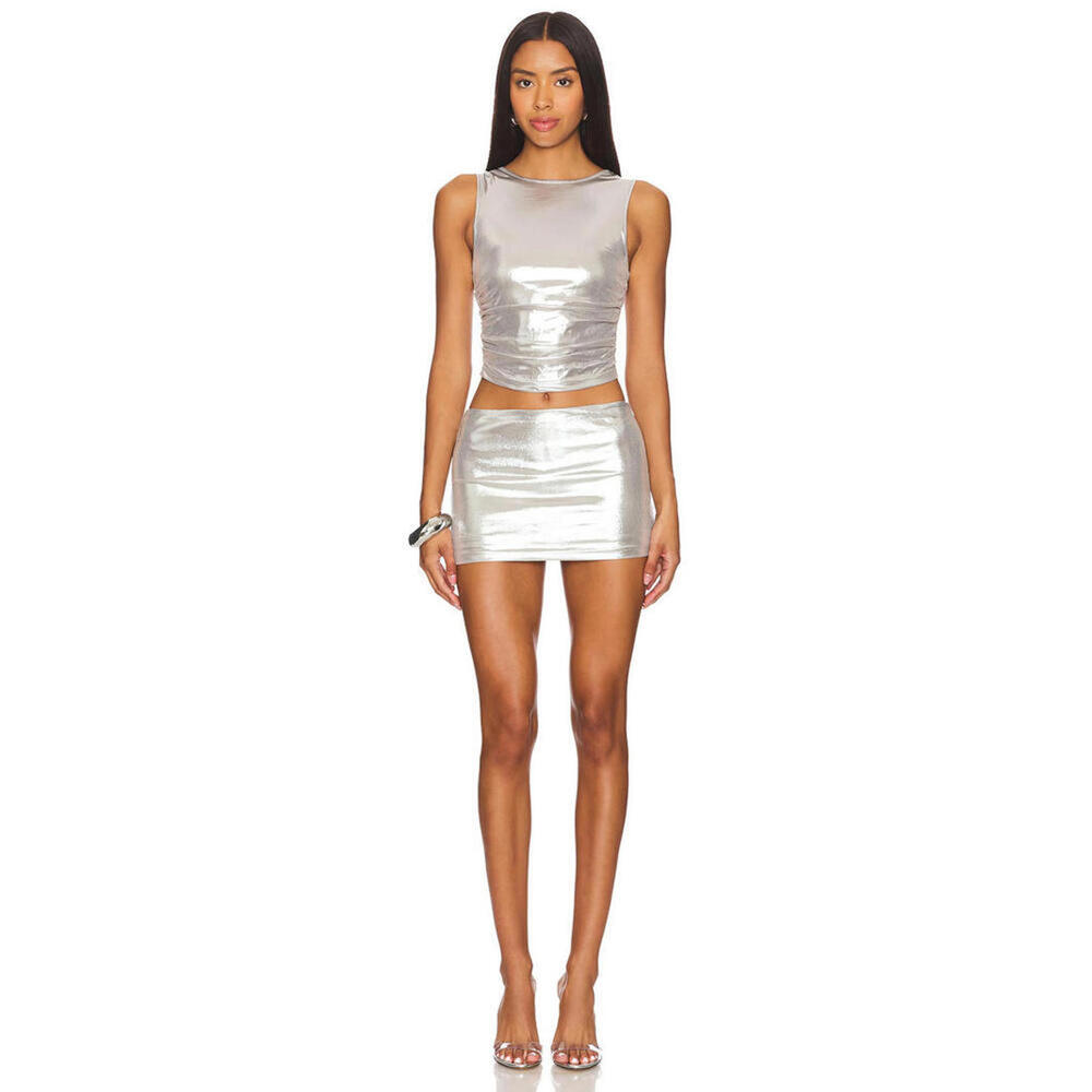 superdown Silver Metallic Crop Tank and Mini Skirt Set